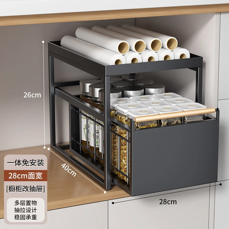 Stainless Steel Under-Sink Storage Rack Multi-Layer Pull-Out Organizer Kitchen Cabinet Basket Heavy-Duty Design