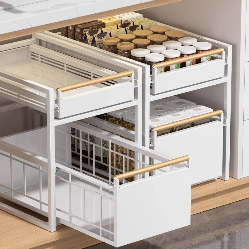 Stainless Steel Under-Sink Storage Rack Multi-Layer Pull-Out Organizer Kitchen Cabinet Basket Heavy-Duty Design