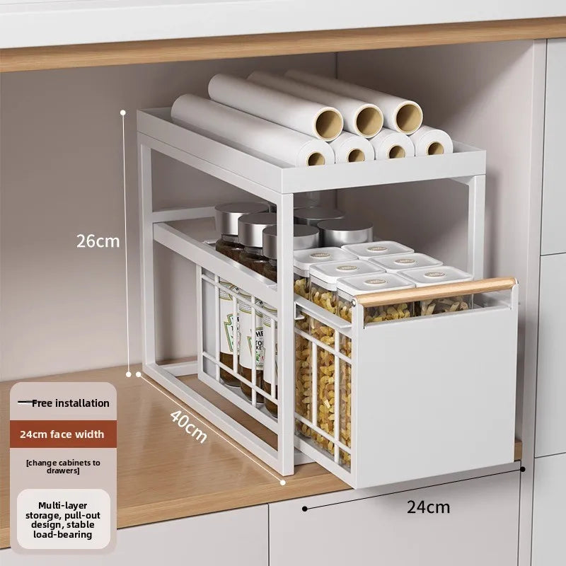 Stainless Steel Under-Sink Storage Rack Multi-Layer Pull-Out Organizer Kitchen Cabinet Basket Heavy-Duty Design