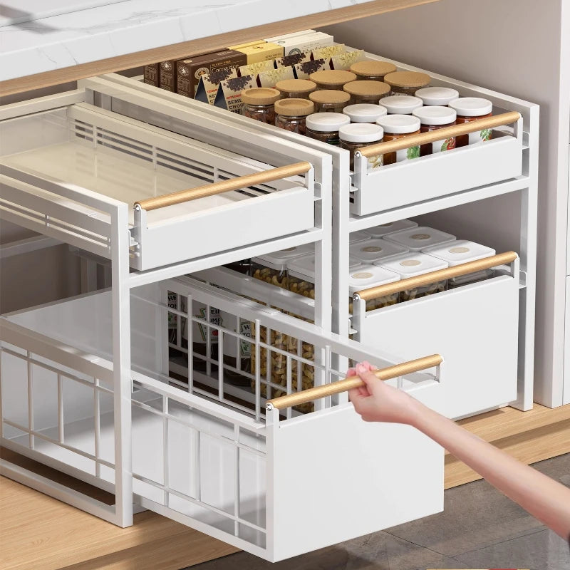 Stainless Steel Under-Sink Storage Rack Multi-Layer Pull-Out Organizer Kitchen Cabinet Basket Heavy-Duty Design