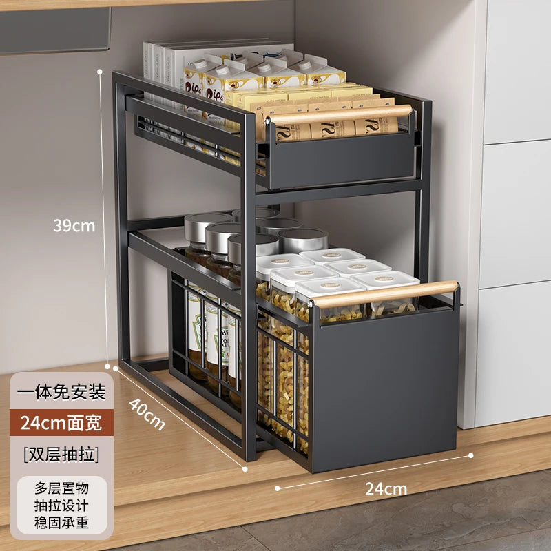 Stainless Steel Under-Sink Storage Rack Multi-Layer Pull-Out Organizer Kitchen Cabinet Basket Heavy-Duty Design