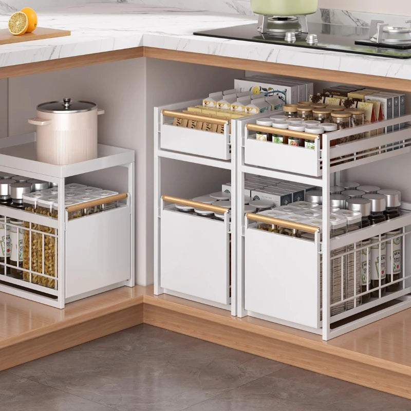 Stainless Steel Under-Sink Storage Rack Multi-Layer Pull-Out Organizer Kitchen Cabinet Basket Heavy-Duty Design